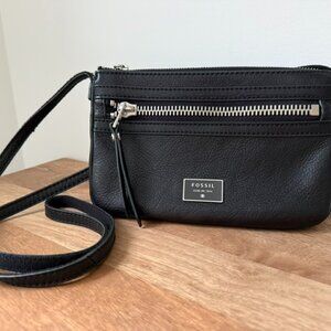 Fossil Issue No. 1954 Black Pebbled Leather Crossbody Bag w/ Front Zip Pocket